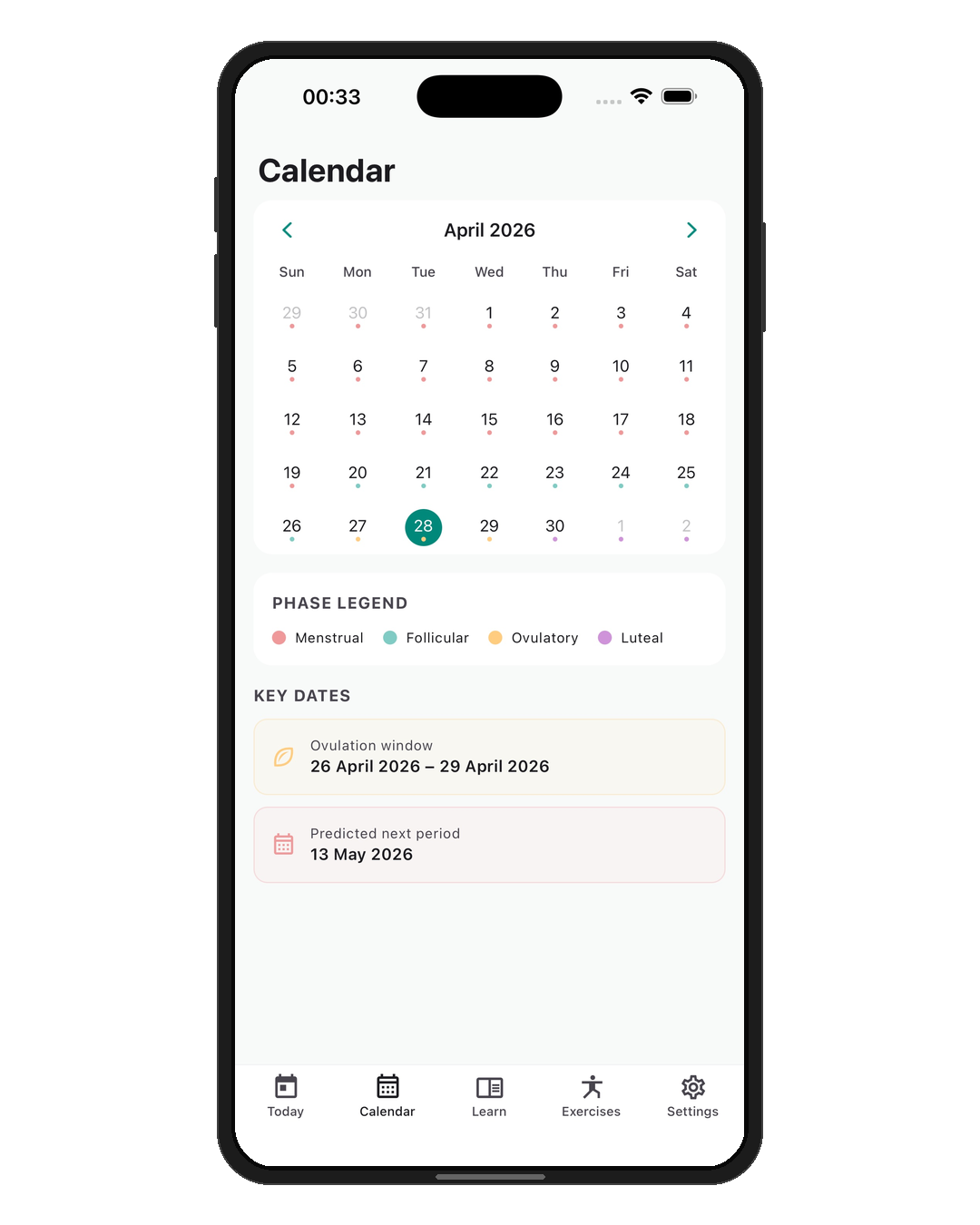 Calendar view with phase colours and key dates