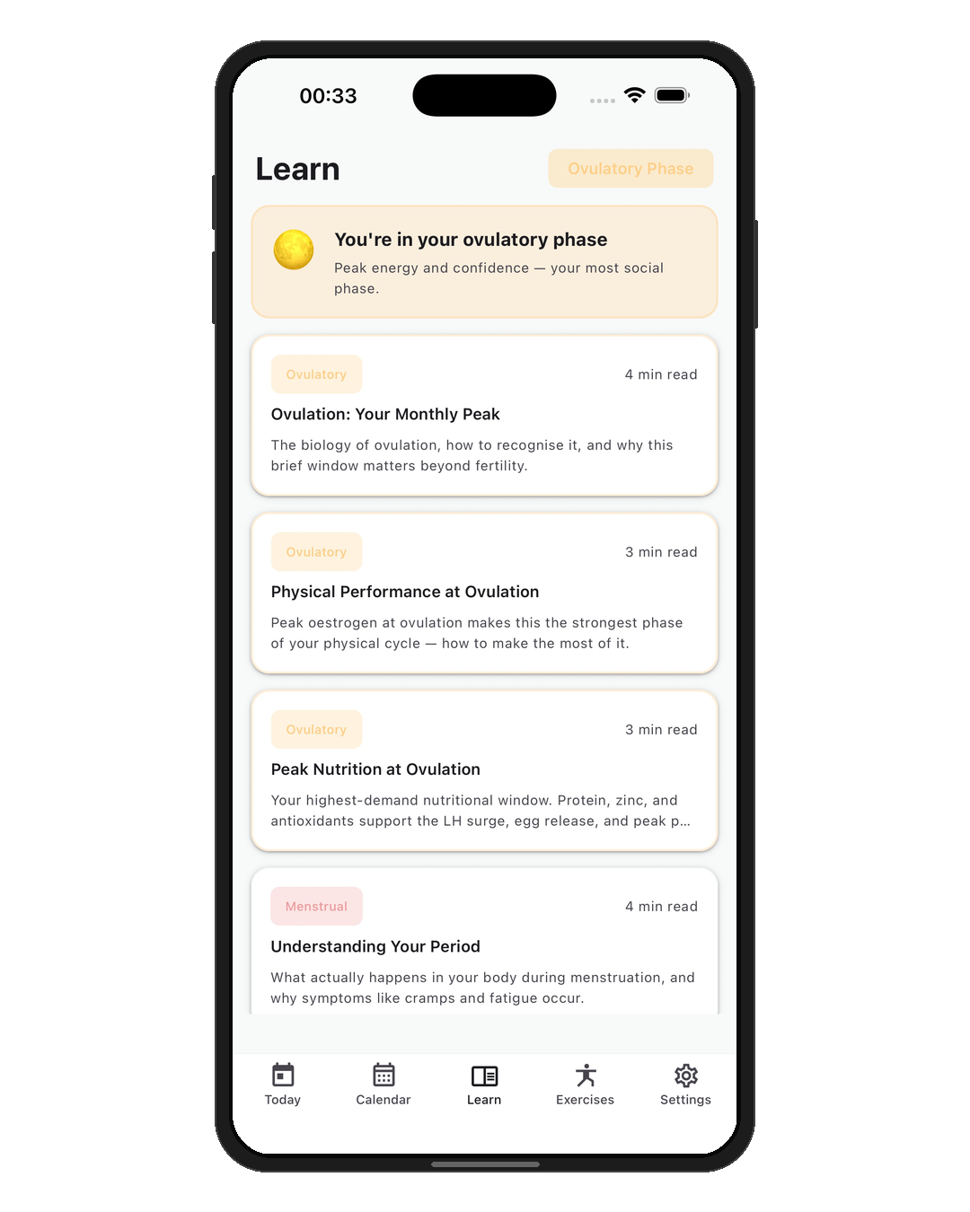 In-app articles about cycle phases and health
